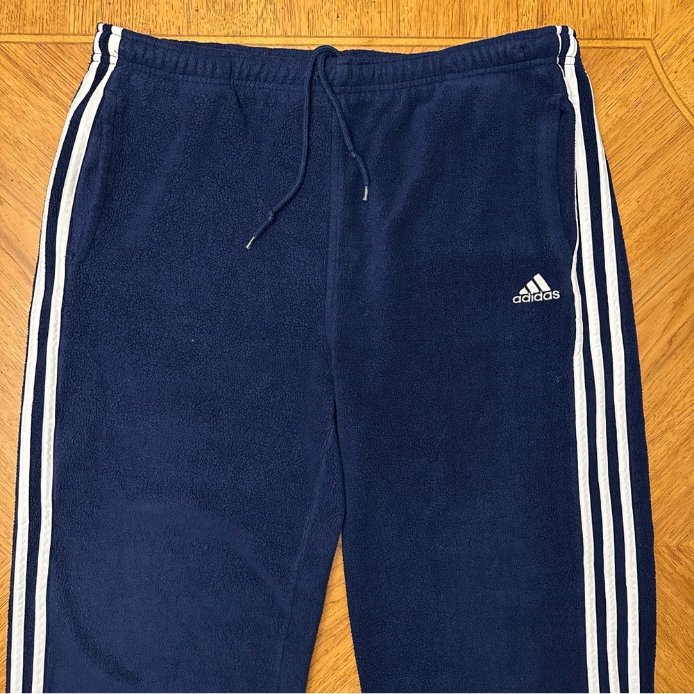 Adidas Fleece Pants Mens Size 2XL Navy Blue Sweatpants Zip Ankles 3-Stripe Retro